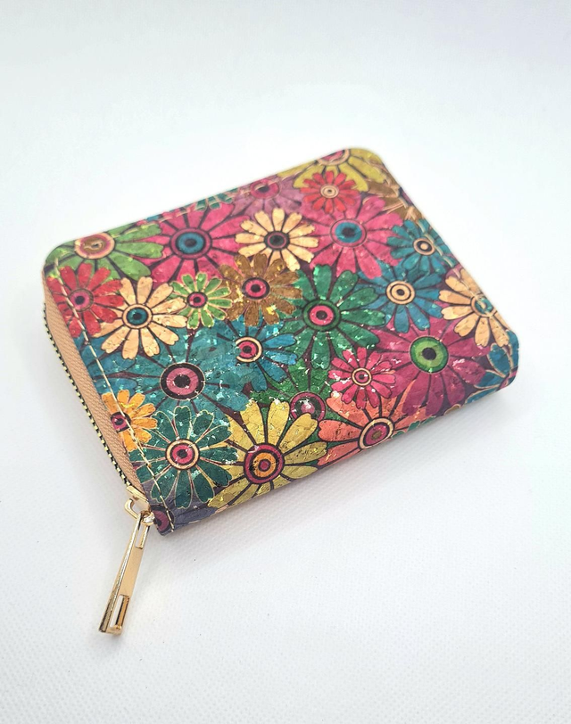 Petit porte-monnaie en liège imprimé "Marguerites" colorées avec fermeture zip