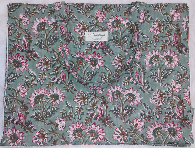 Grand sac cabas vert sauge, rouge et blanc en coton imprimé à la main au block print - Doublure en coton rayé - Tote bag - Confectionné en Inde   