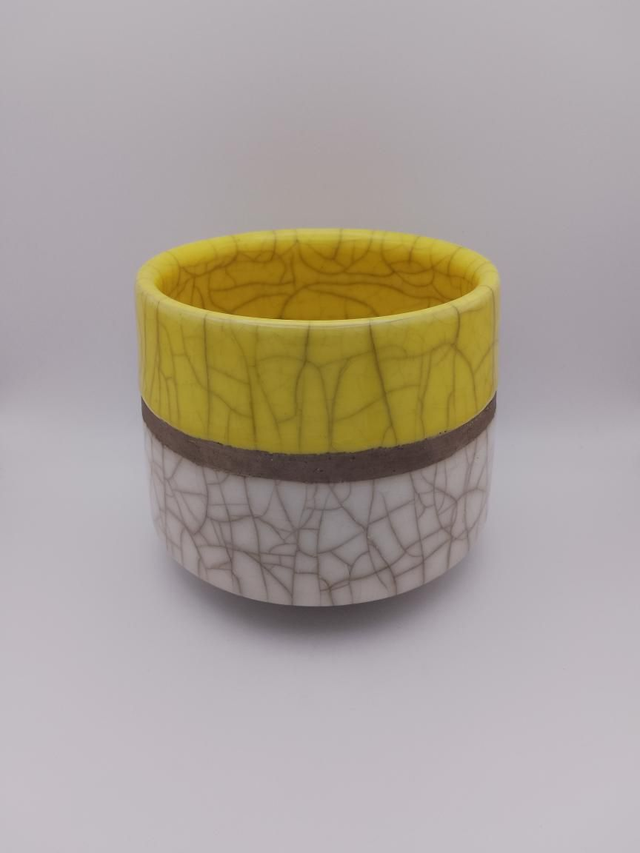White and Yellow Glazed Raku Bowl (Black Band)
