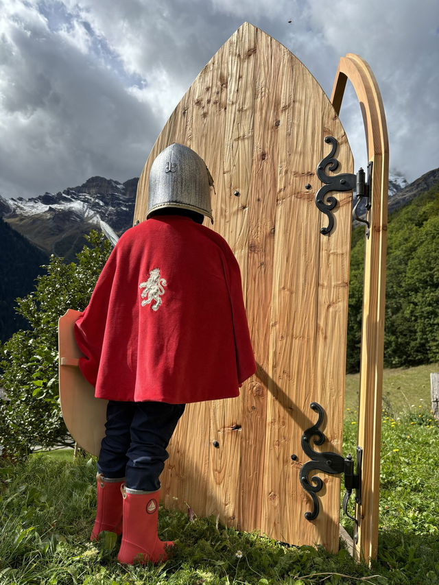 Cape de chevalier velours rouge brodé d&#039;un Lion d&#039;or 