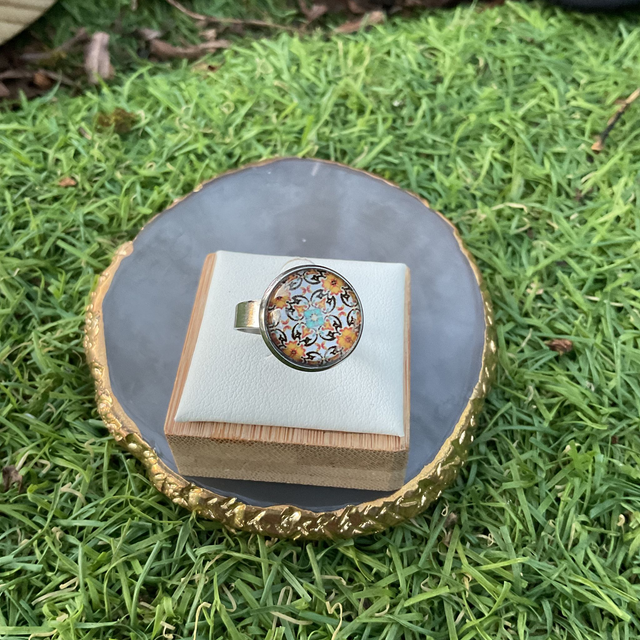 Adjustable glass dome ring. Colourful design. Handmade.