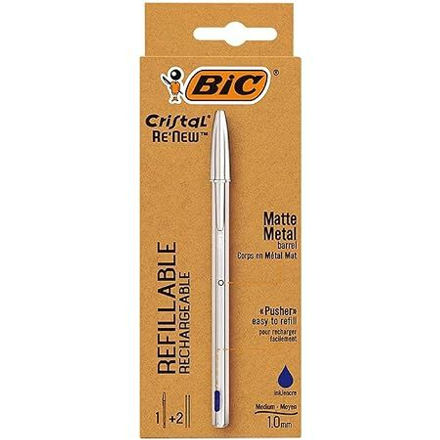 BIC Cristal Re&#039;New, Penna Ricaricabile Blu o nera a Sfera, Fusto in Metallo [Punta 1mm]