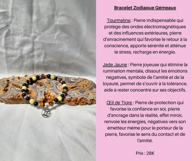 63- Bracelet Zodiaque Gémeaux- Tourmaline- Jade Jaune et Œil de Tigre