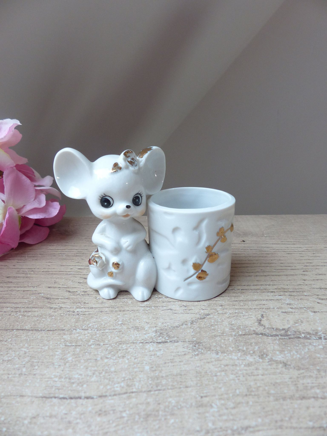 Vintage mignonne souris en porcelaine avec bougeoir, figurine souris collection, souris cadeau décoration chambre enfant