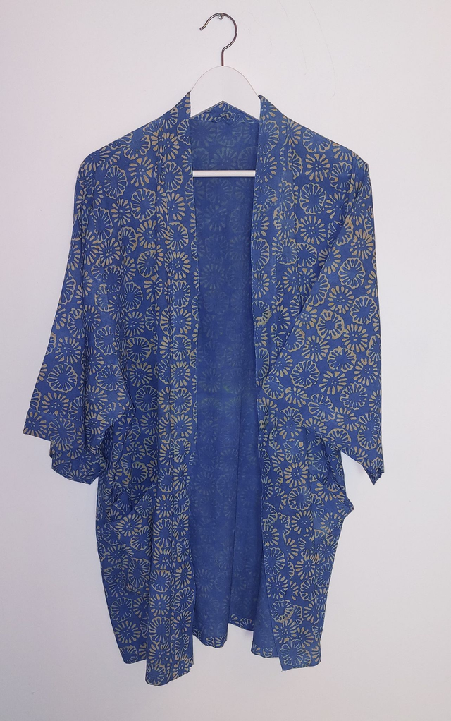 Gilet kimono bleu en coton, teinture naturelle, imprimé à la main, artisanale 