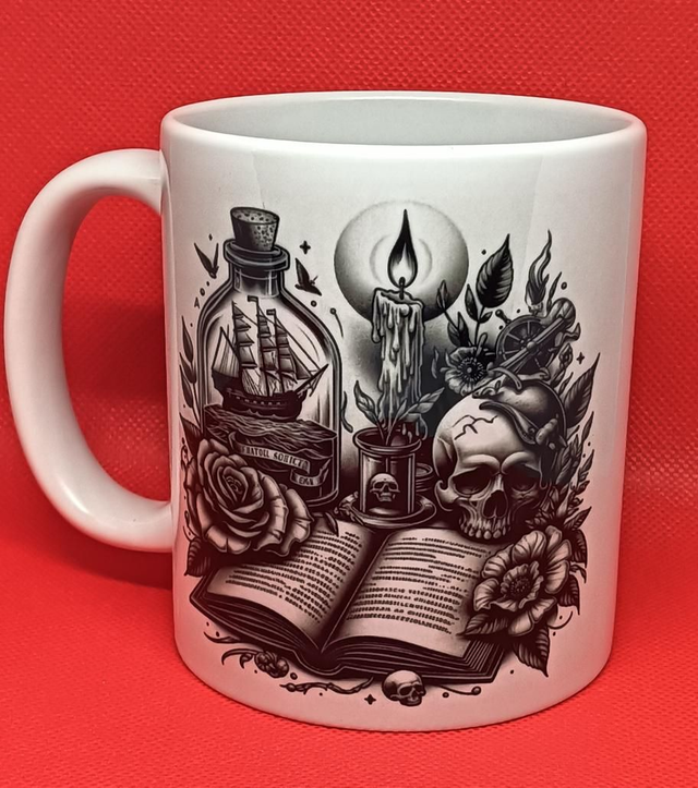 Custom Printed Nautical Skull and Book Mug