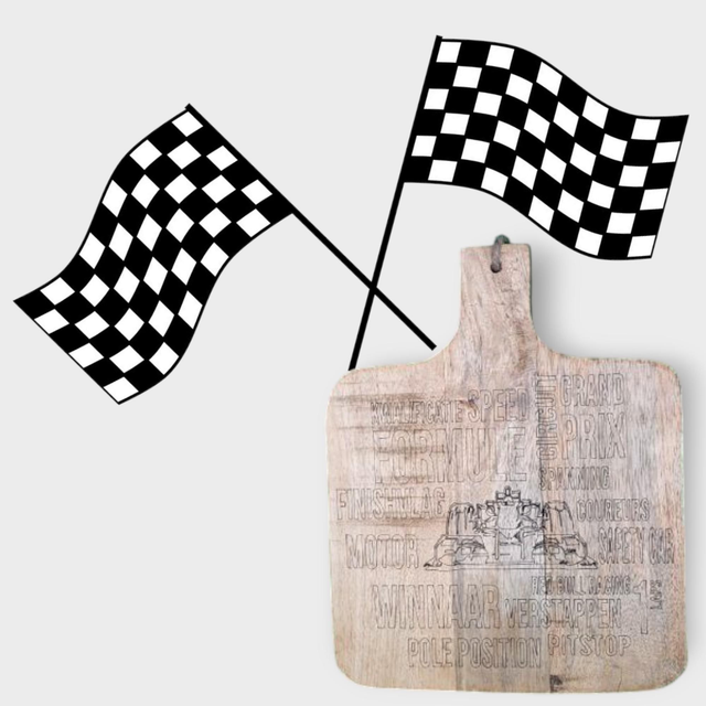 Mangohouten Borrelplank met de tekst, Winnaars...Formule 1 Score versie