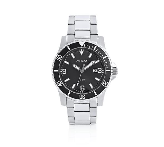 Herenhorloge Ø 43 mm – zwarte wijzerplaat & roestvrijstalen band