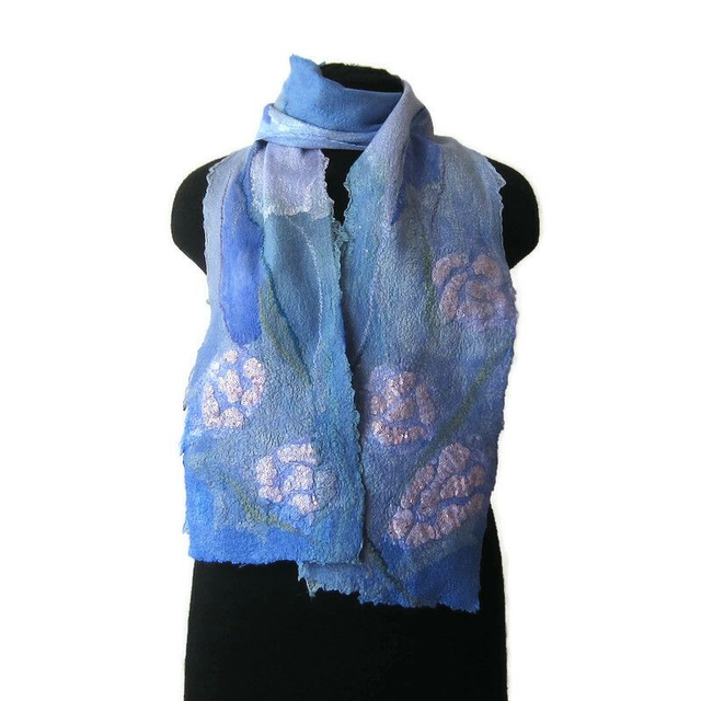 Sciarpa donna feltro blu lana merino seta Sciarpa con paillettes infeltrita fatto a mano