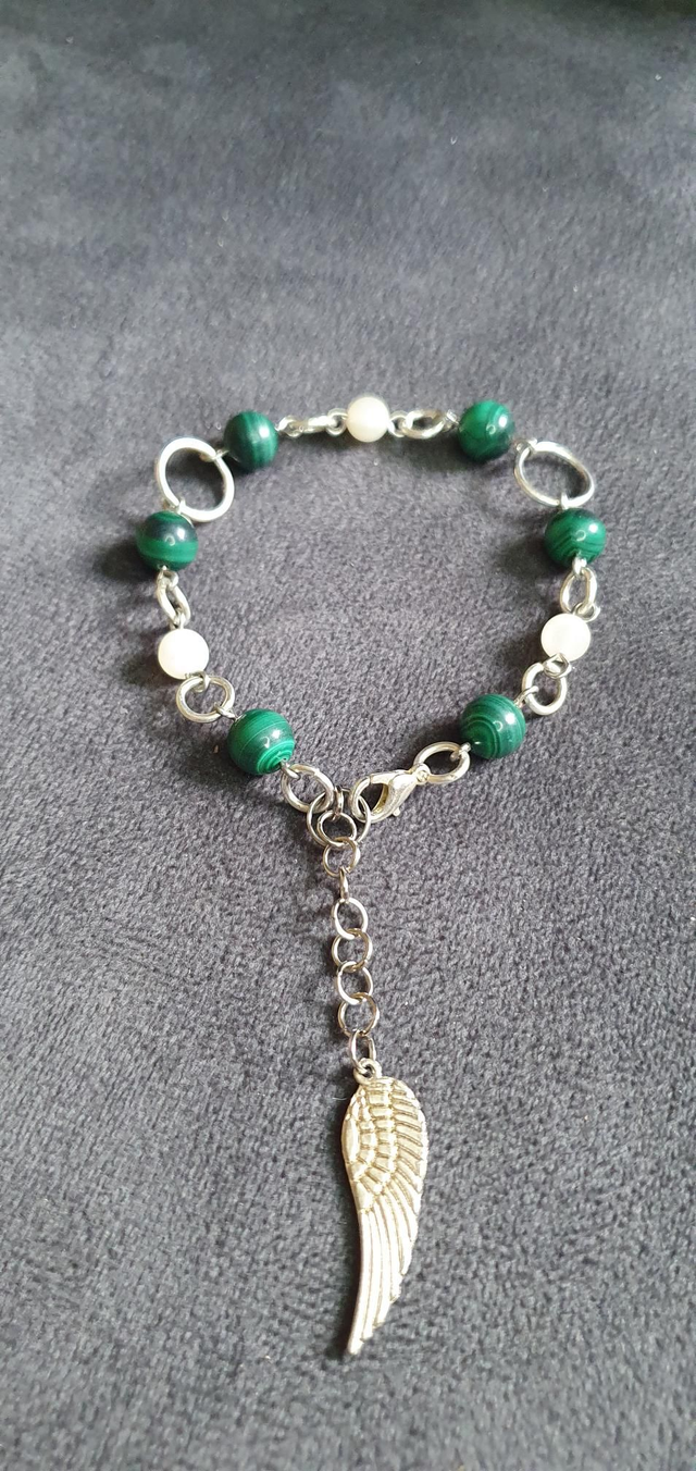 Bracelet acier inoxydable en Malachite et Pierre de lune blanche