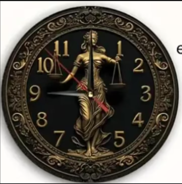 Vintage ronde wandklok van hout - Vrouwe Justitia (24cm)