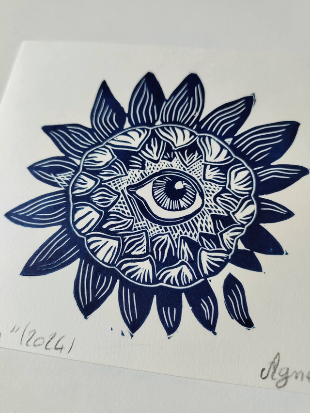 Oeil fleuri, linogravure plusieurs couleurs