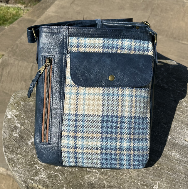 Blue Leather &amp; Check Messenger Bag