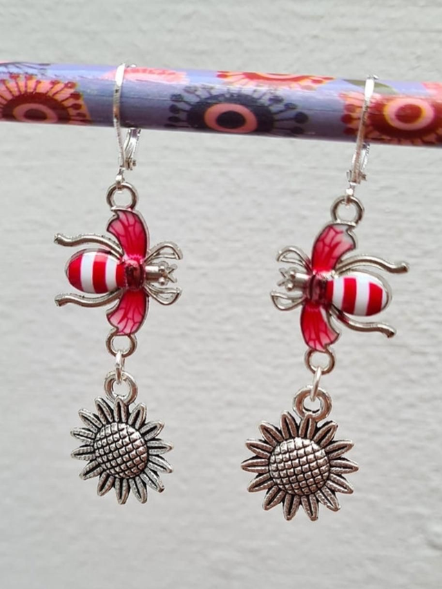 Bee Striped Enamel Sunflower Earrings Silver