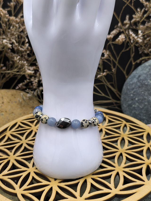 BP.025 Bracelet aventurine bleue, Jaspe dalmatien et hématite 