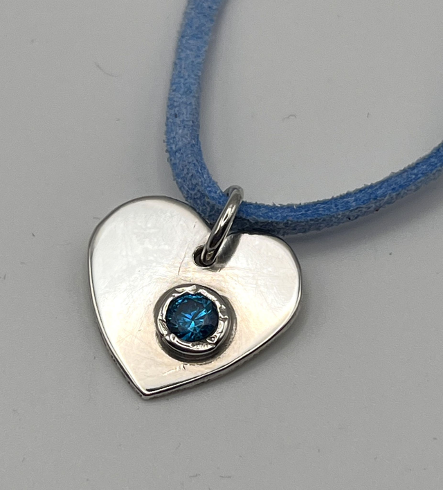 Recycled Sterling Silver Heart Pendant with Blue Cubic Zirconia