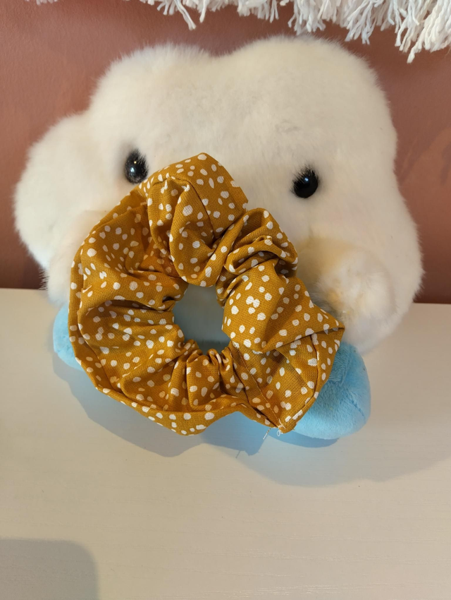 Handmade scrunchie yellow and white spotty