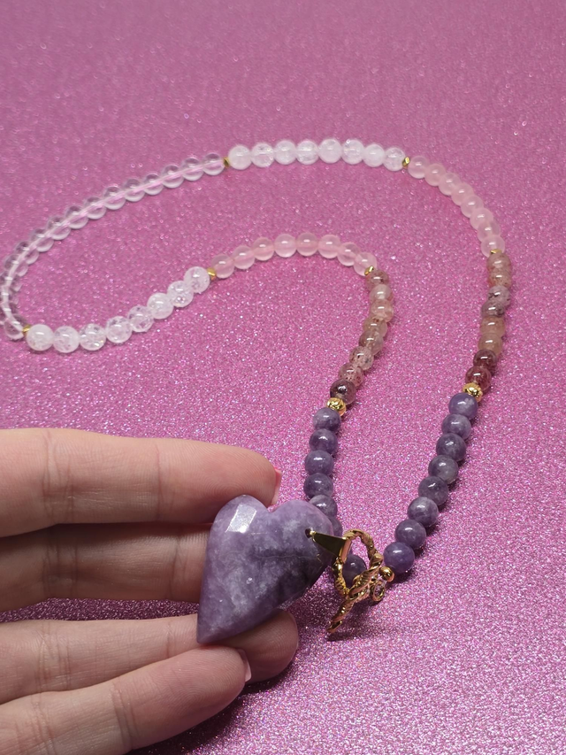 Collier Lépidolite, Quartz fraise, Quartz rose, Cristal de roche en 0,6 cm