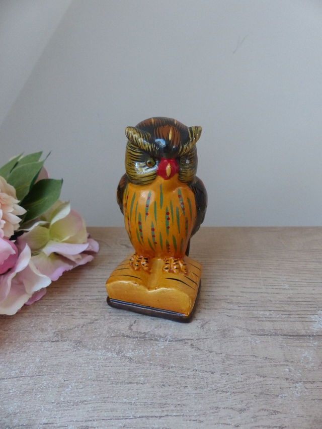 Ancienne Figurine Hibou Savant sur Livre Ouvert en Terre Cuite Peint main, Hibou Cadeau Etudiant Enseignant Professeur, Décoration bureau