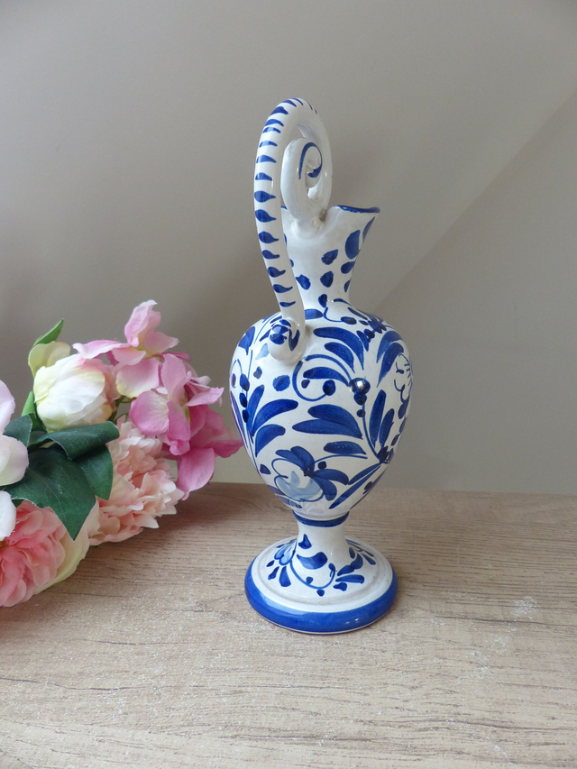 Vintage Huilier Pichet Aiguière Céramique Décor Fleurs Bleues Italie, Carafe Artisanale Poterie, Décoration Table Cuisine Maison de Famille