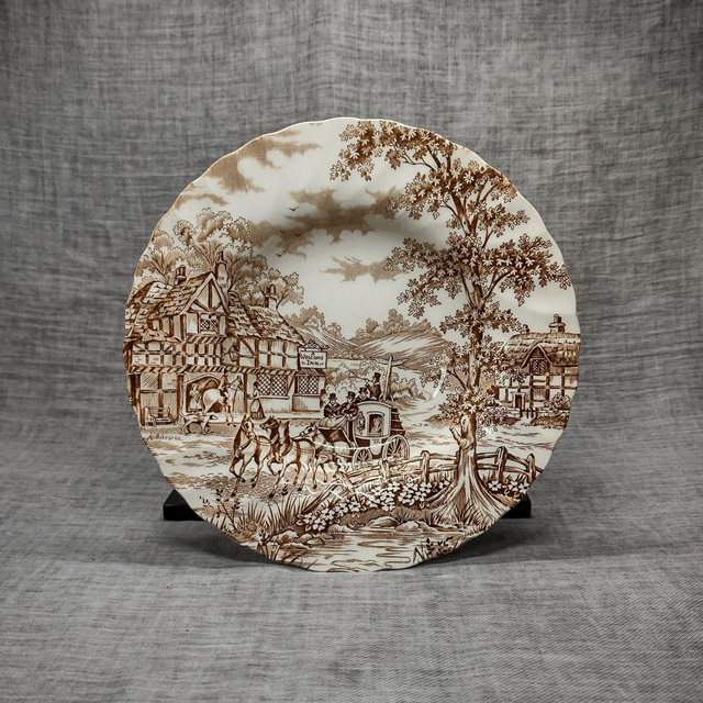 Alfred Meakin | Soepbord Diep bord (diameter 22,5 cm | hoogte 4,0 cm) geschulpte rand met ‘Coaching Days’ motief in bruine kleur | Vintage