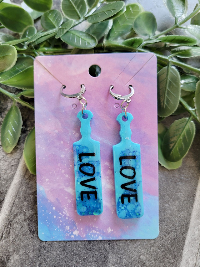 Earrings | Blue Glitter  Tye Die LOVE Paddle Earrings | Stainless Steel Leverback Hoops