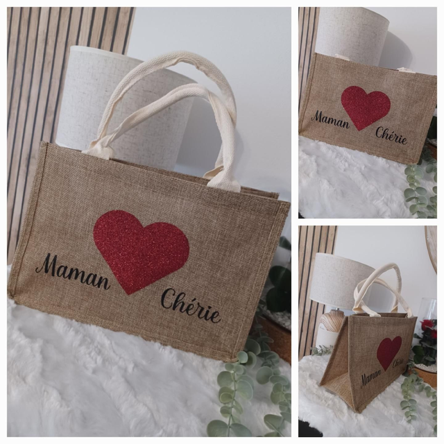 Sac cabas en toile de jute personnalisé avec cœur rouge – Moyen modèle 👜❤️