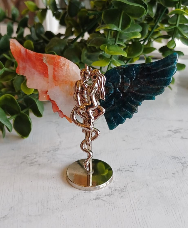 Fire Quartz & Apatite Angel and Demon Lover Wings on Stand
