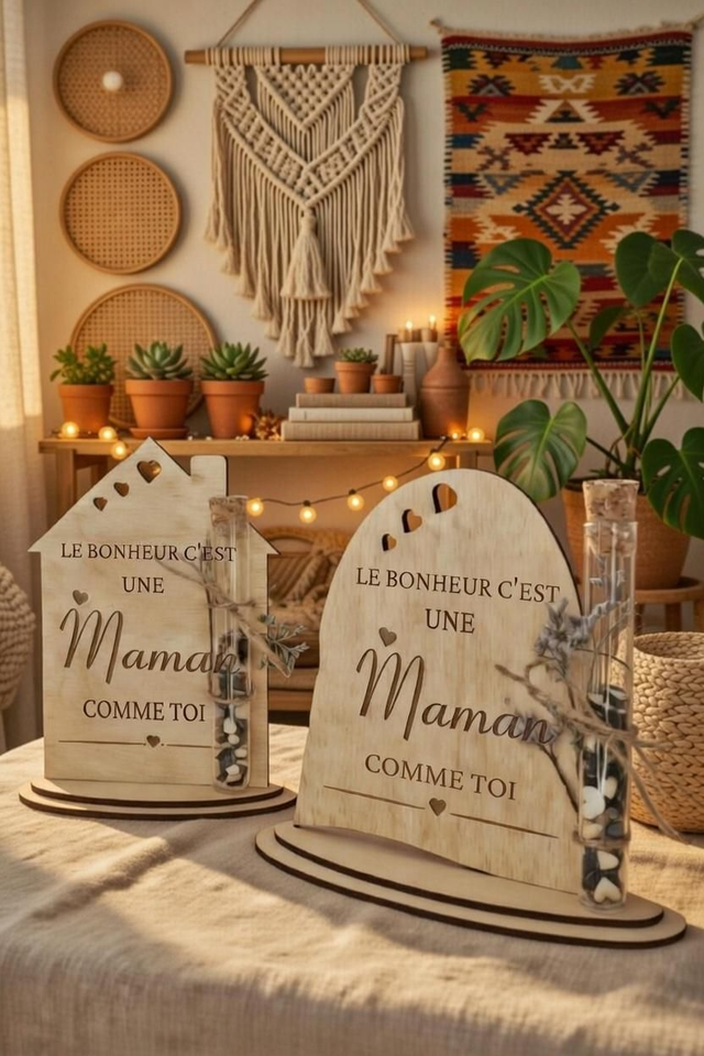 Cadeau Personnalisé Maman – Décoration en Bois "Le Bonheur c'est une Maman comme toi" avec Éprouvette