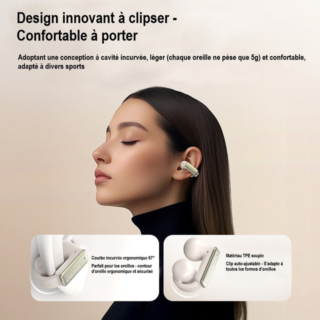 Langsdom TS28 Noir écouteurs Bluetooth sans fil ouverts avec clip d'oreille et contrôle via l'application.