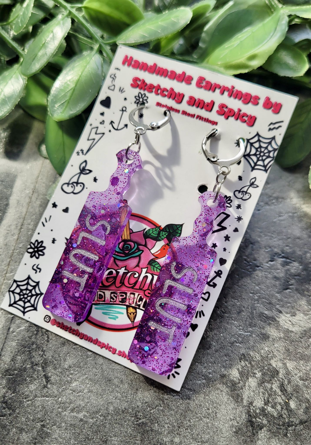 Earrings | SLUT Paddle Earrings Purple Glitter | Stainless Steel Hoops