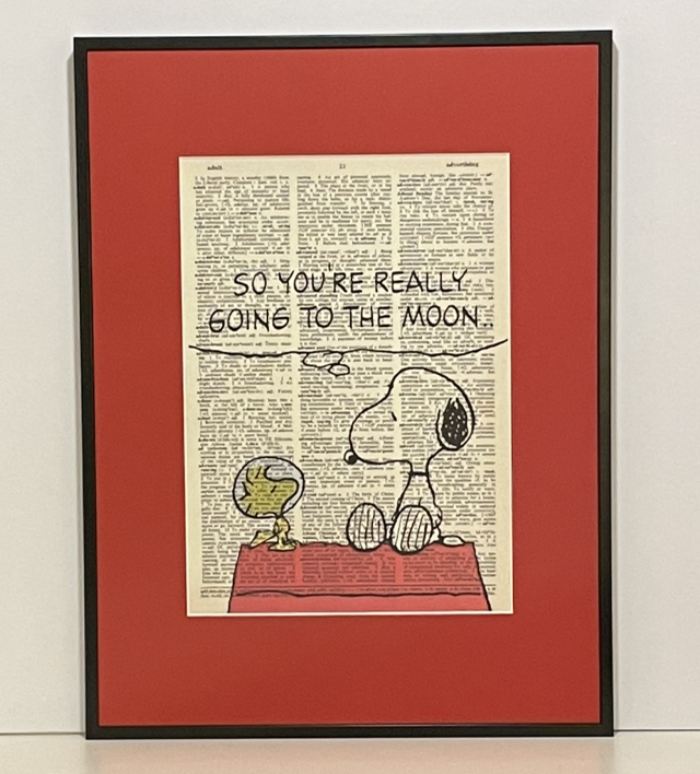 Snoopy Moon - bedruckte Buchseite gerahmt 