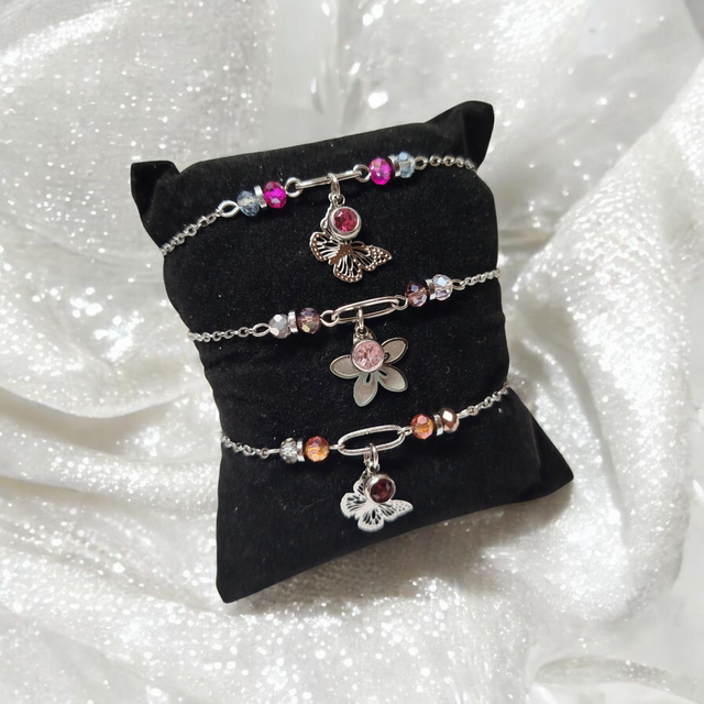 Bracelet acier inoxydable et strass rose et argenté