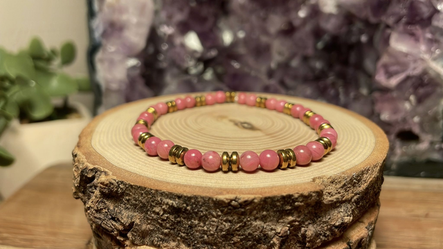 Bracelet RHODONITE 4mm (Avec Hématites)