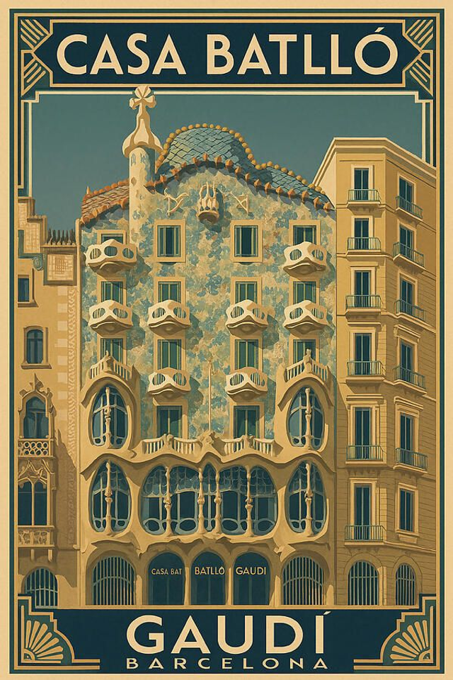 Póster de viaje vintage Casa Batlló Barcelona