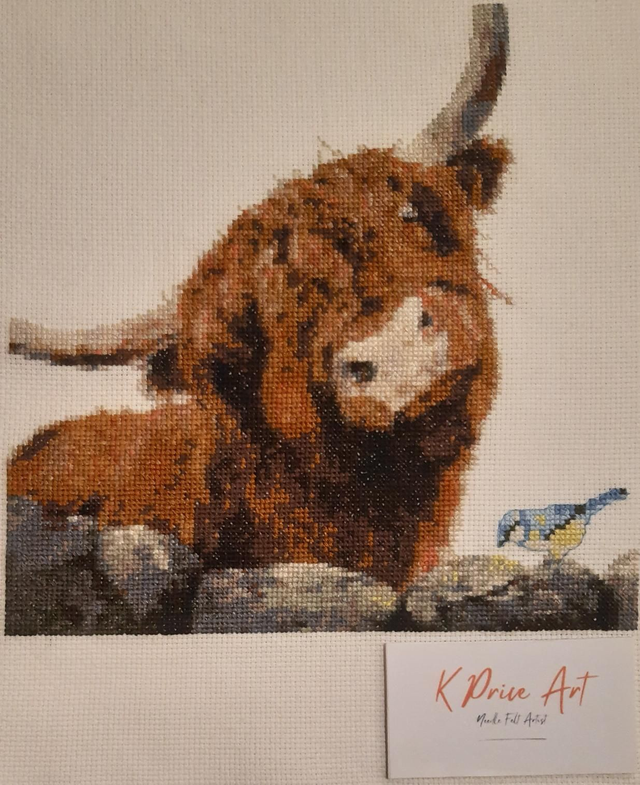 Highland cow cross stitch kit. 'A Little Birdy Told Me'