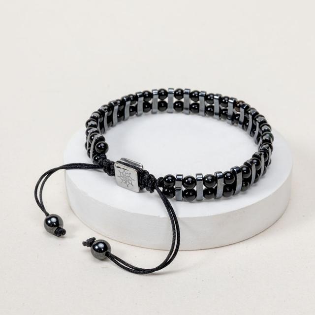 Bracelet réglable Obsidienne Noire et Hématite