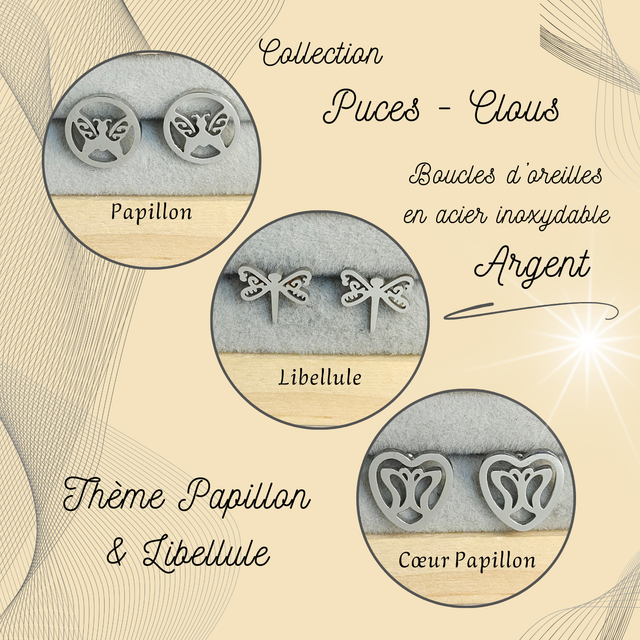Clous d&#039;oreilles - Thème Papillons &amp; Libellule - Acier Argent