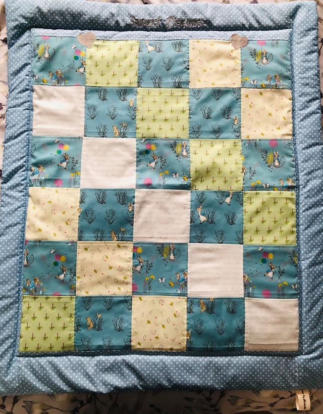Peter Rabbit Patchwork Baby Quilt Playmat with free personalised name tag