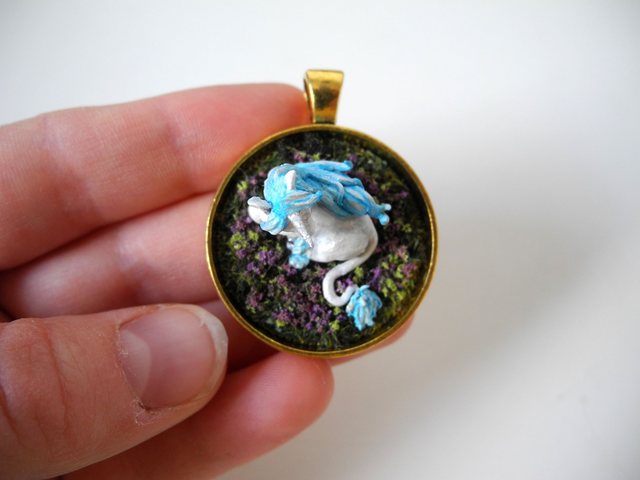Unicorn - OOAK Biosphere Jewelry - Clear glass globe with a delicate Unicorn on a lavender field inside– fantasy jewelry
