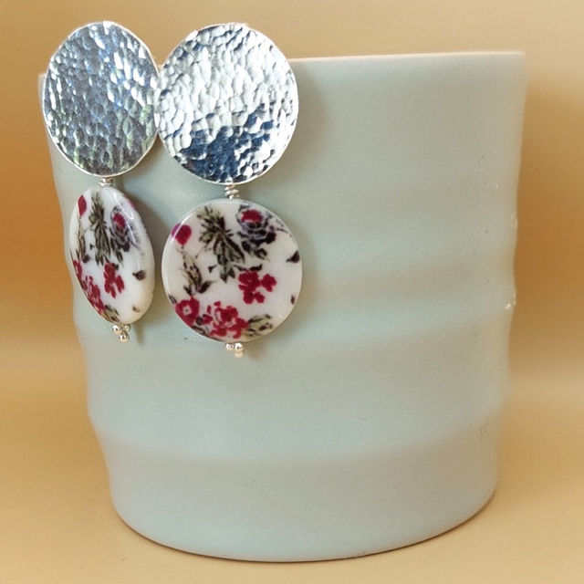 Hammered sterling silver and floral painted shell drop earrings 