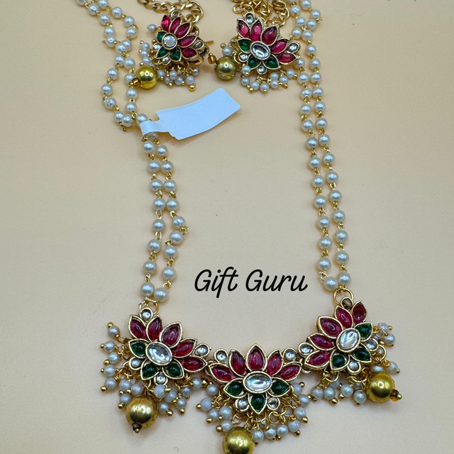 Lotus Pearl Beaded Necklace Set – Gold Finish with Earrings