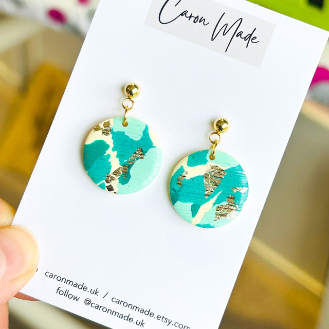 Medium green and gold terazzo style earrings
