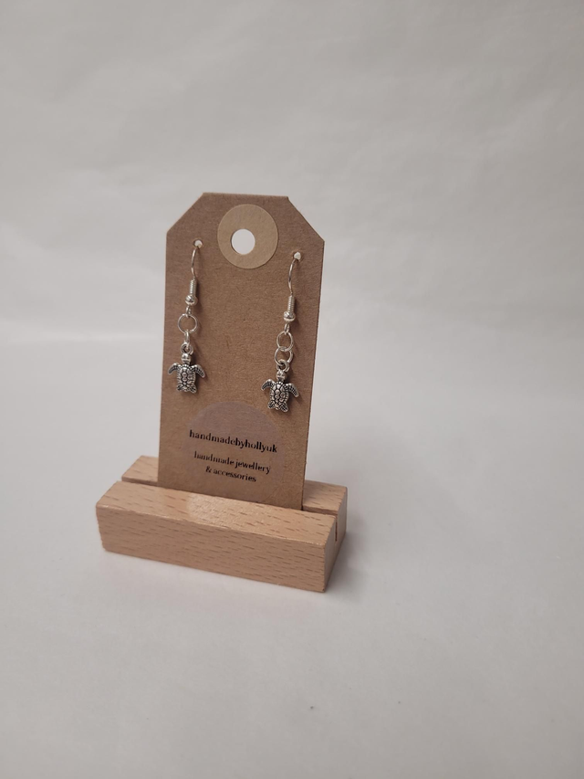 Small Turtle Charm Drop Earrings - Silver Plated - HBH-024