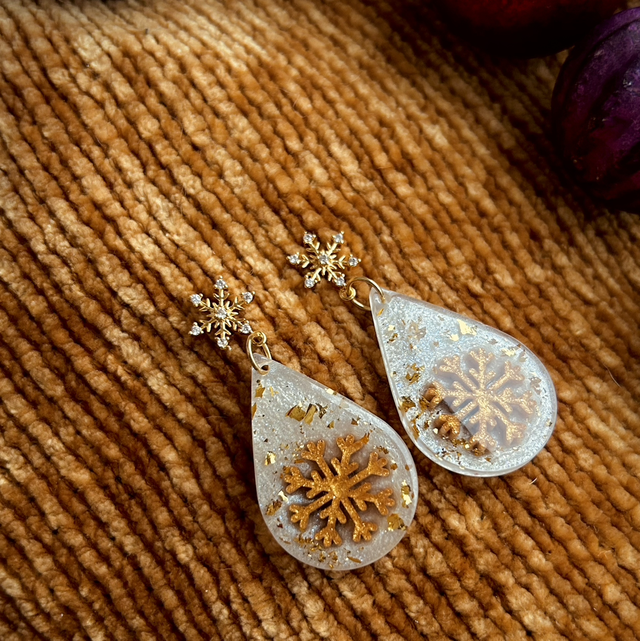 Snowflake Teardrop Earrings - Gold and White