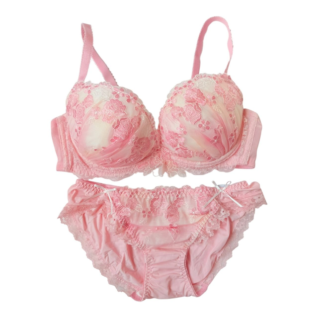 Pink + Cream Floral Embroidered Japanese Bra + Underwear Set UK 34C   