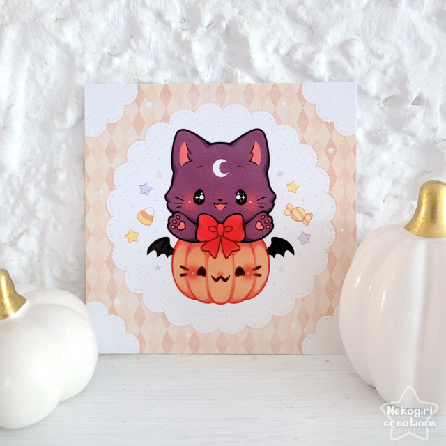 Mini Carte Carrée - Chat Citrouille