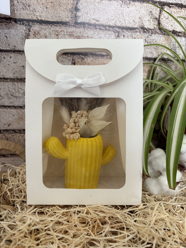 Coffret : Vase cactus en jesmonite + Fleurs séchées