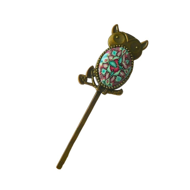 Epingle à cheveux hibou mandala violet vert