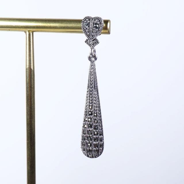 Elegant Pair of Sterling Silver 925 Art Deco Style Marcasite Gemstone Long Heart Teardrop Design Drop Dangle Earrings.